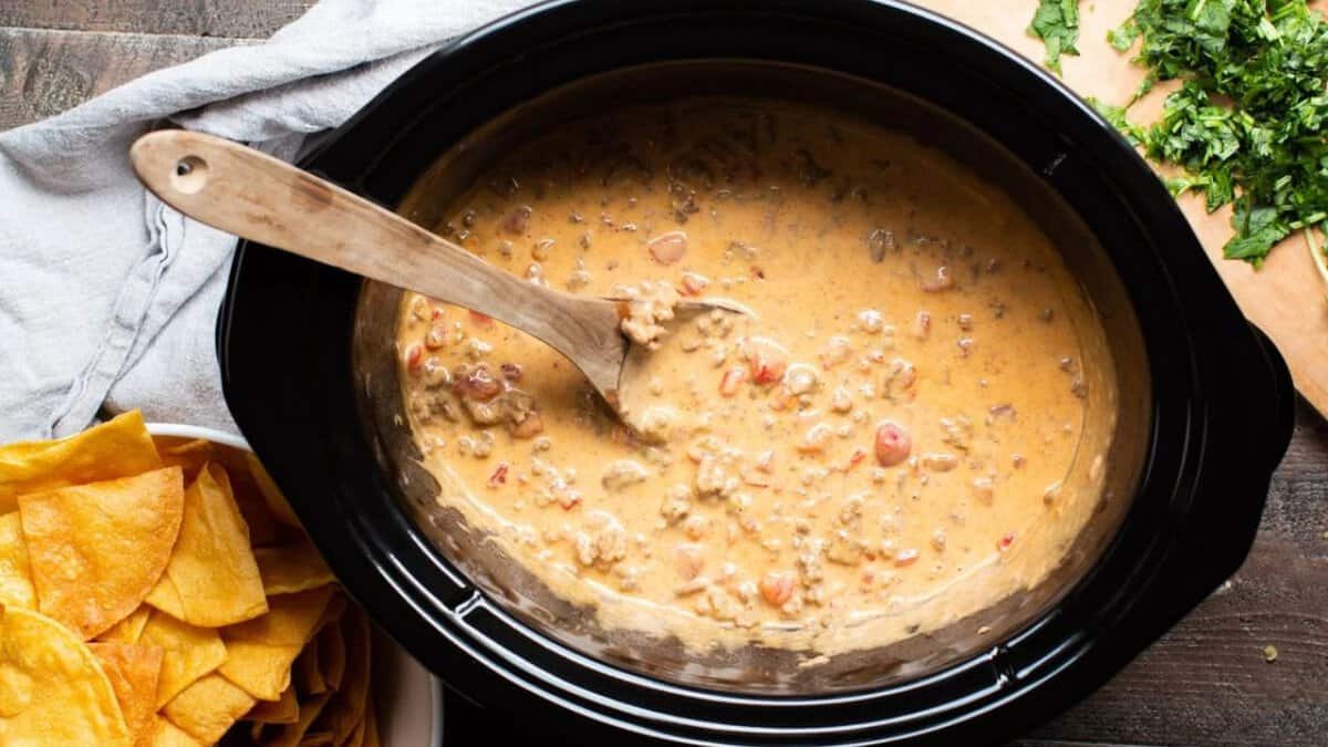 Slow Cooker Rotel Dip with Beef.