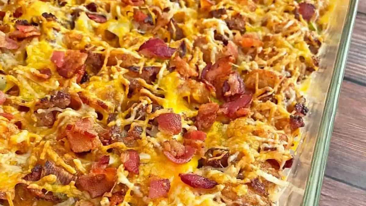 Tater Tot Breakfast Casserole with Bacon and Sausage.