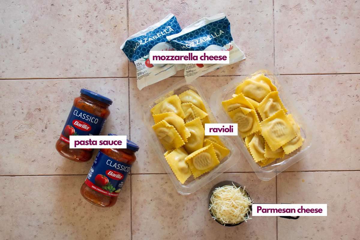 Ingredients for ravioli bake.