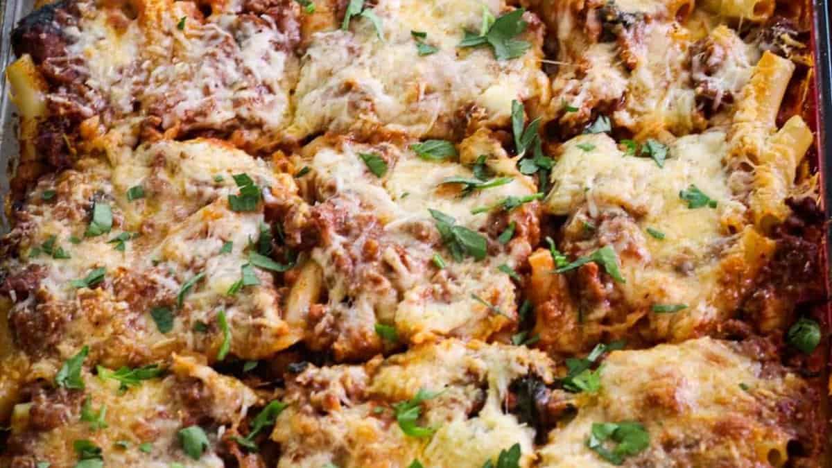 Baked Ziti with Ground Beef and Spinach.