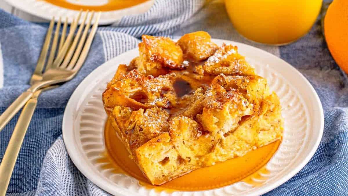 A serving of overnight French toast casserole.