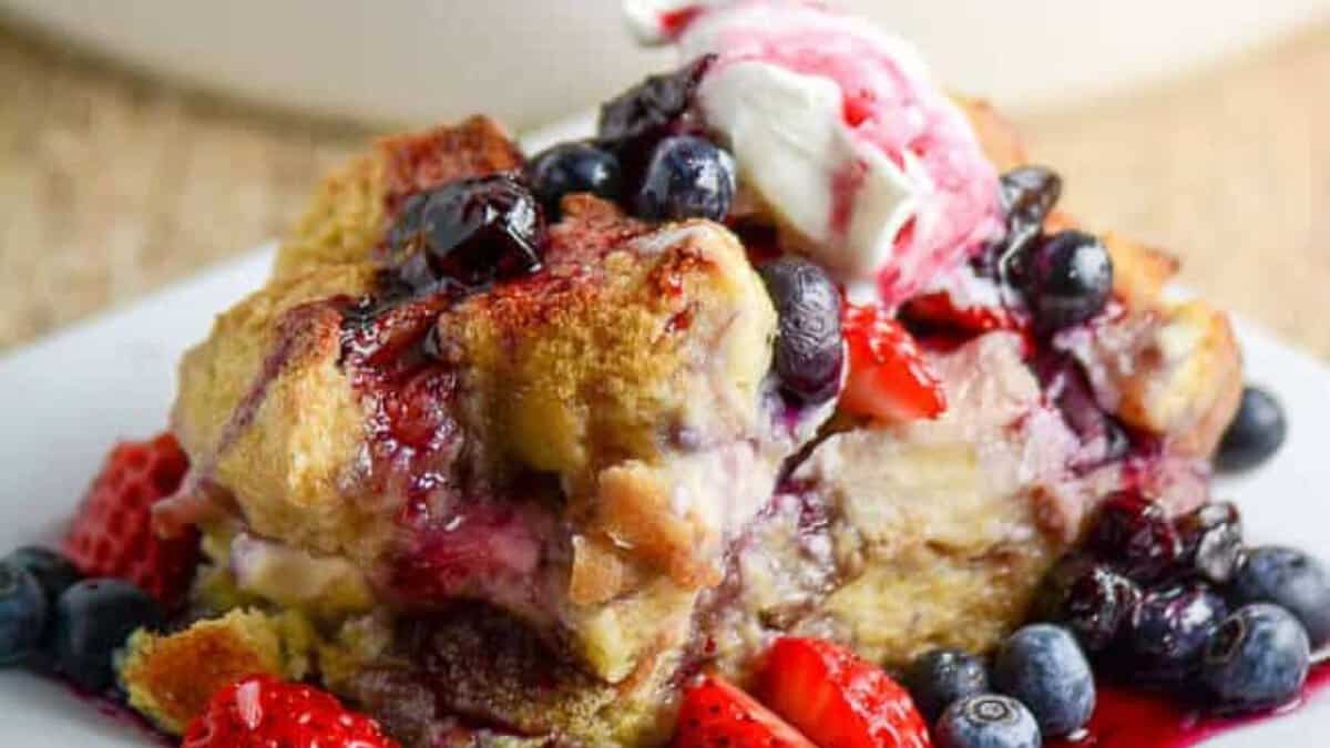 Blueberry Strawberry French Toast Casserole.