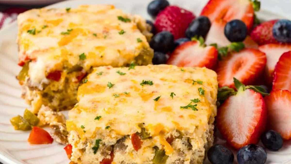 A serving of crescent roll breakfast casserole.