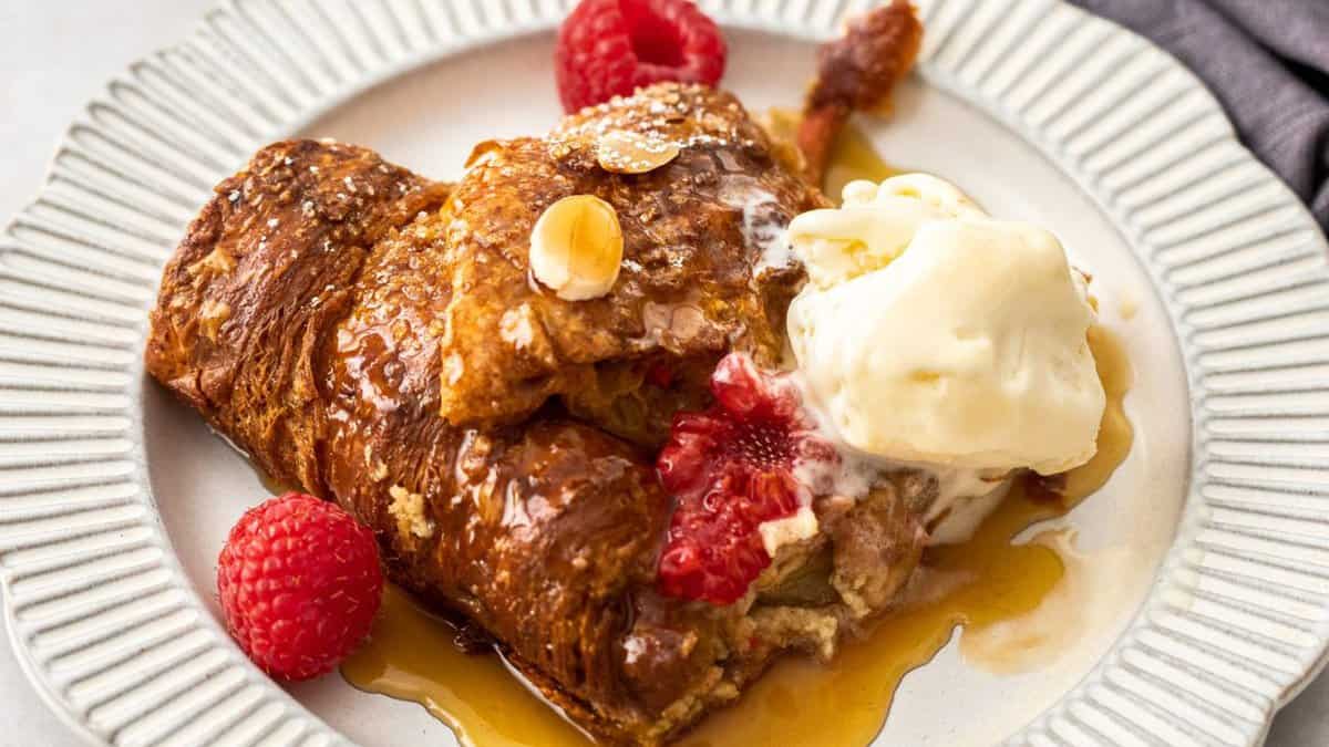 a serving of Croissant French Toast Casserole. 