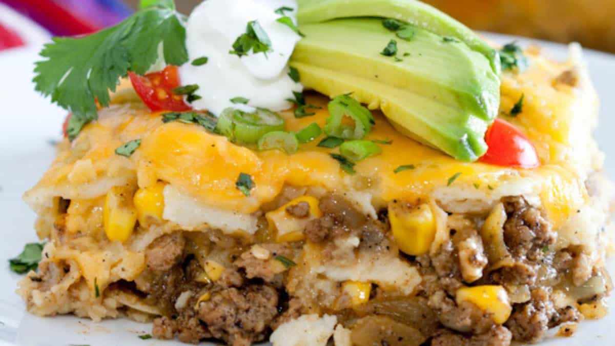 Easy Layered Enchilada Casserole.