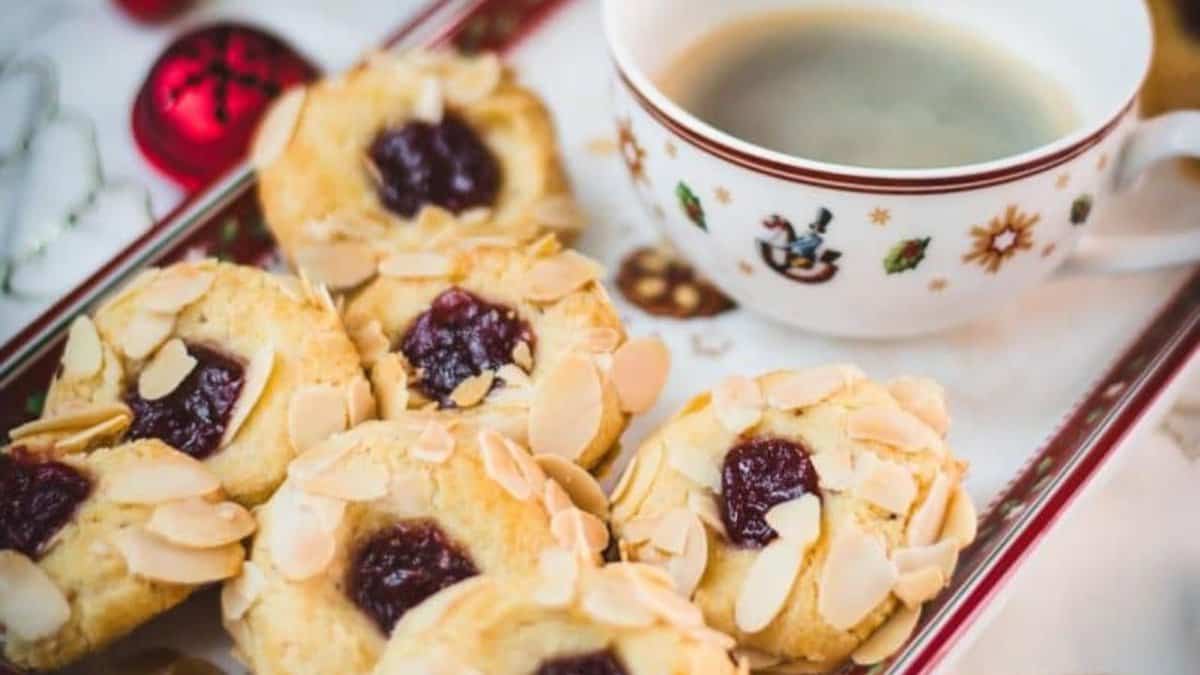 Raspberry Almond Thumbprint Cookies.