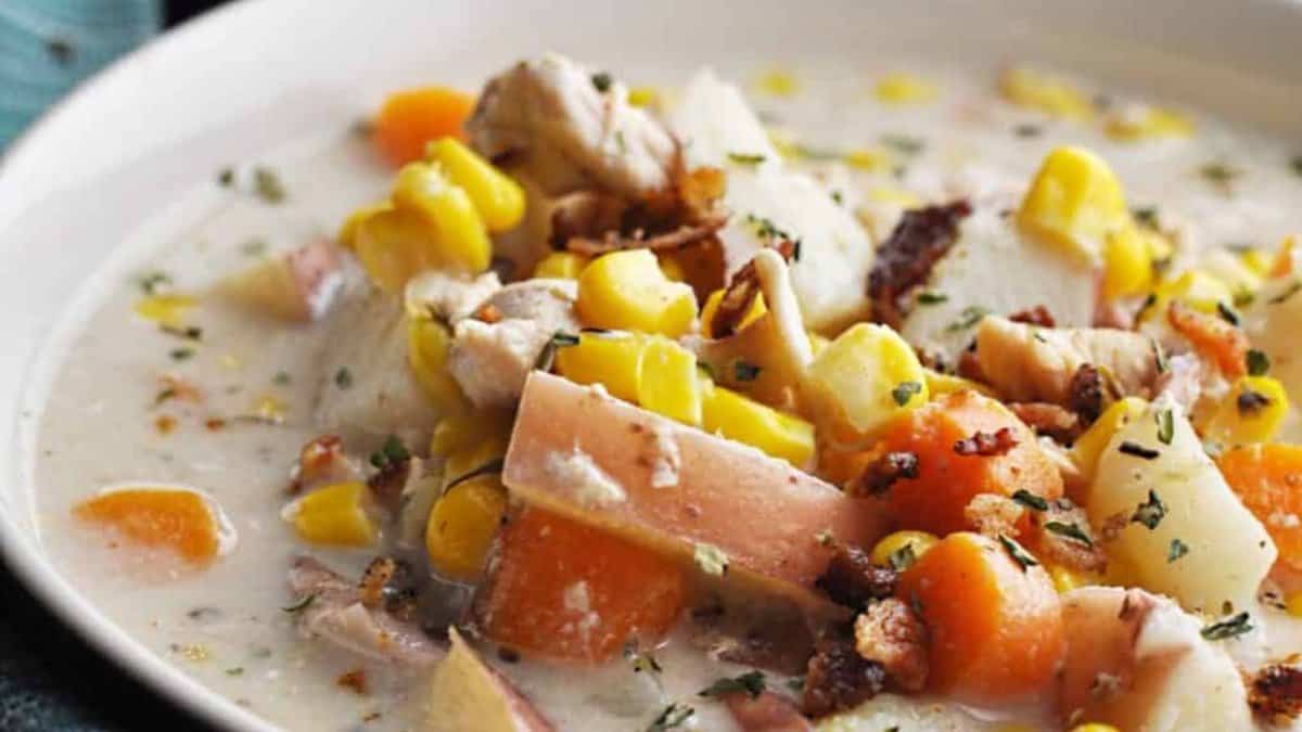 Slow Cooked Chicken and Corn Soup.