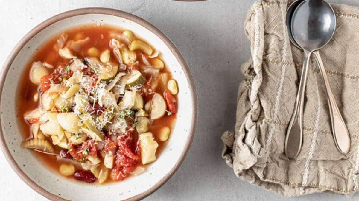 Slow cooker minestrone soup in a bowl.