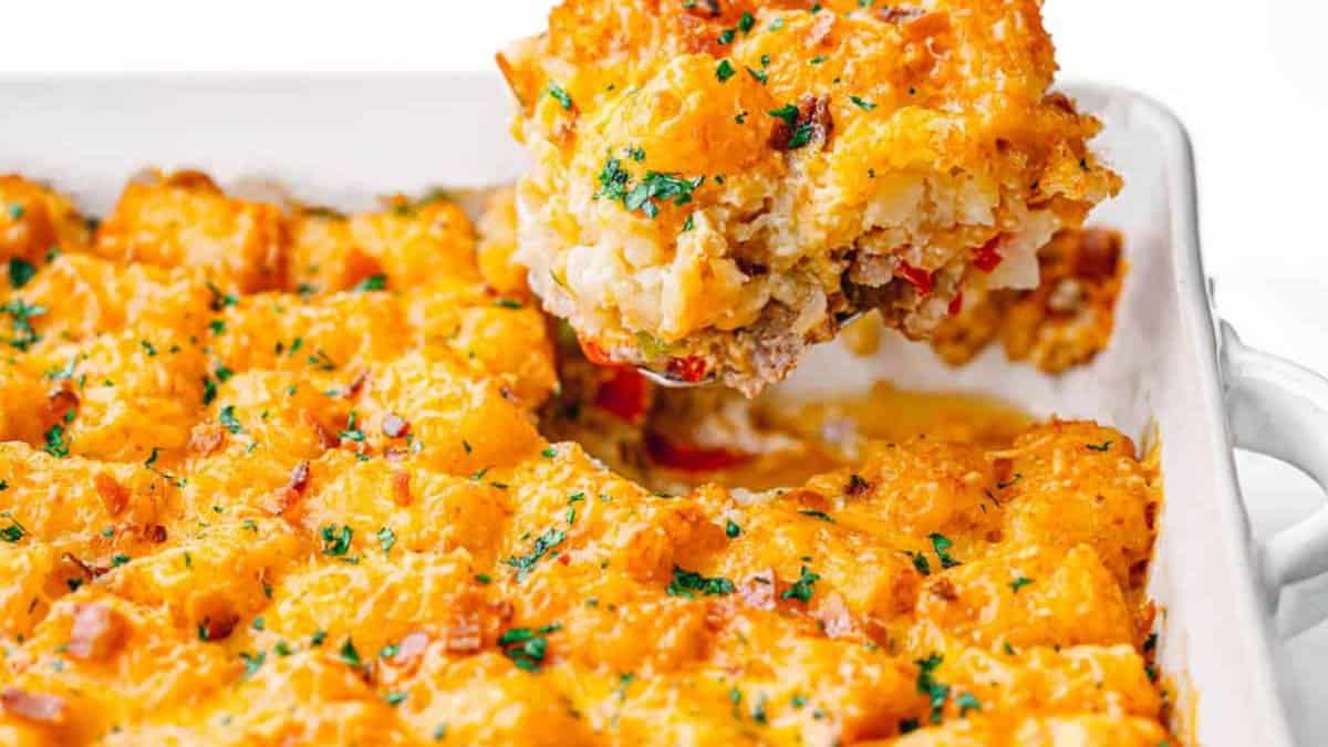 Heaping scoop of Tater Tot Breakfast Casserole.