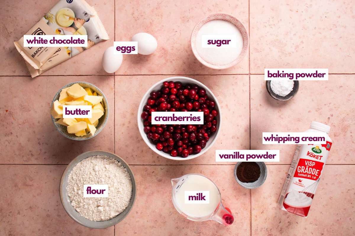 Ingredients needed to make cranberry cupcakes.