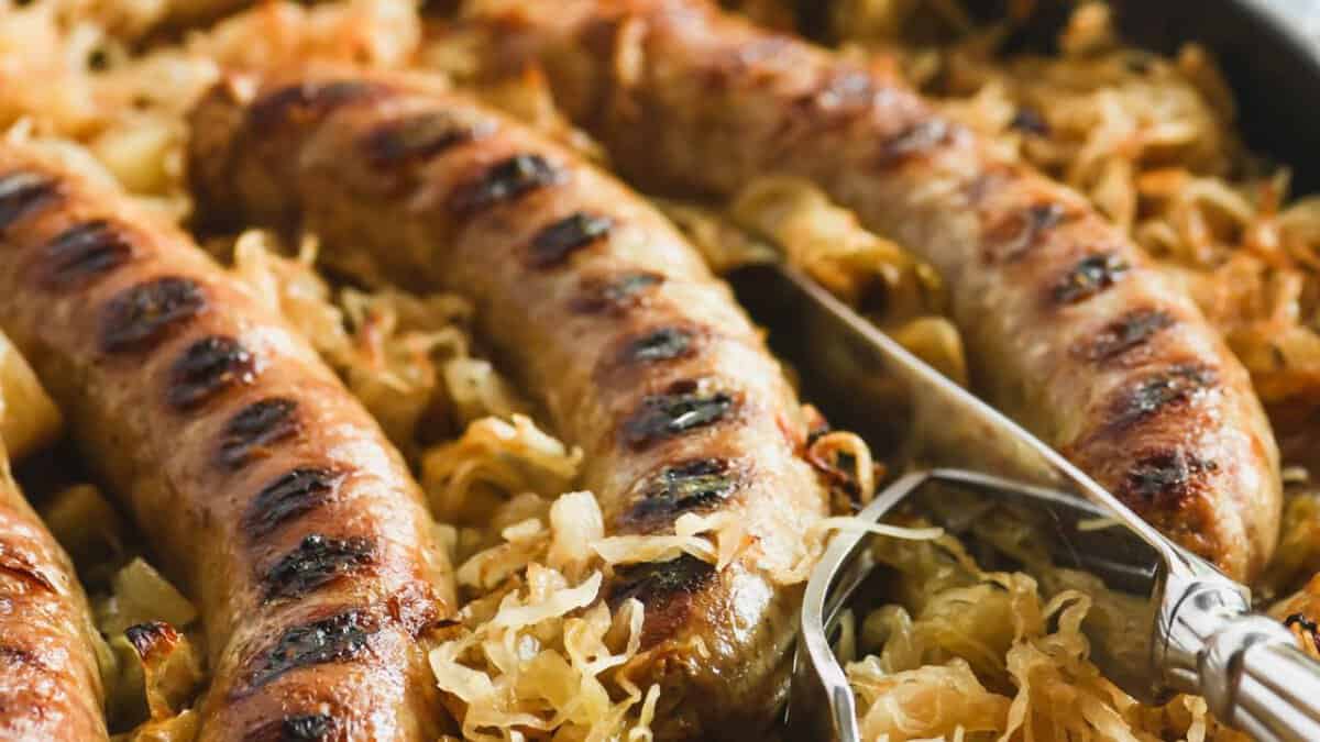 Baked Brats in Caramelized Sauerkraut.