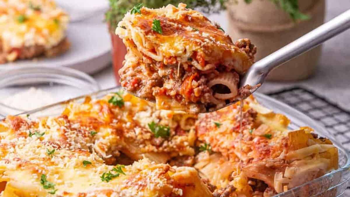Bolognese Rigatoni Pasta Casserole.