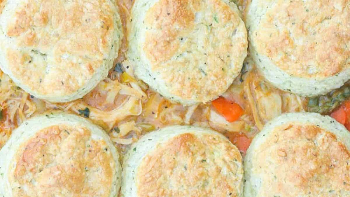 Classic Chicken Pot Pie with Homemade Biscuit Topping.