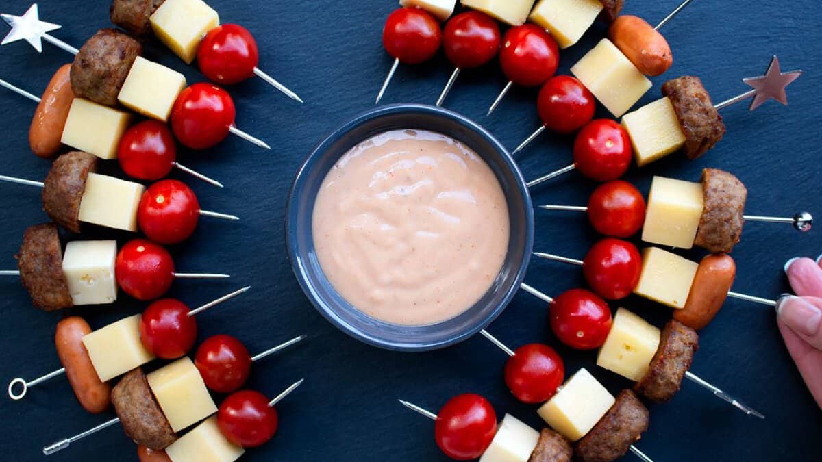 Cocktail Sausage & Meatball Skewer Appetizers.