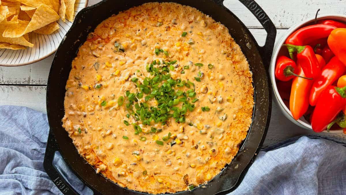 Corn Dip with Cream Cheese and Smoked Poblano Pepper.