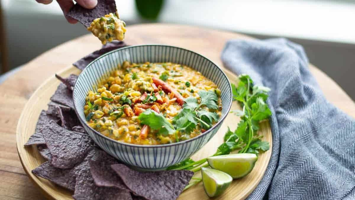 Creamy Elote (Corn) Dip with Poblano Peppers.