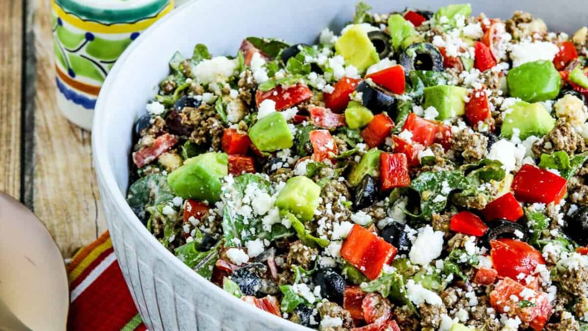 Ground Beef Taco Salad with Kale, Tomatoes, and Avocado.