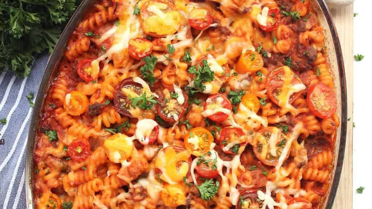 Ground Beef and Tomato Pasta Bake.