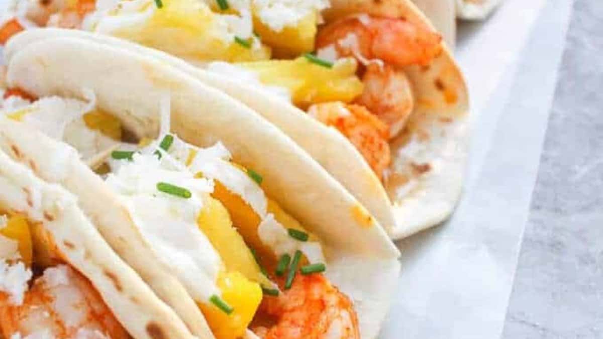 Mini Tacos with Shrimp and Pineapple.