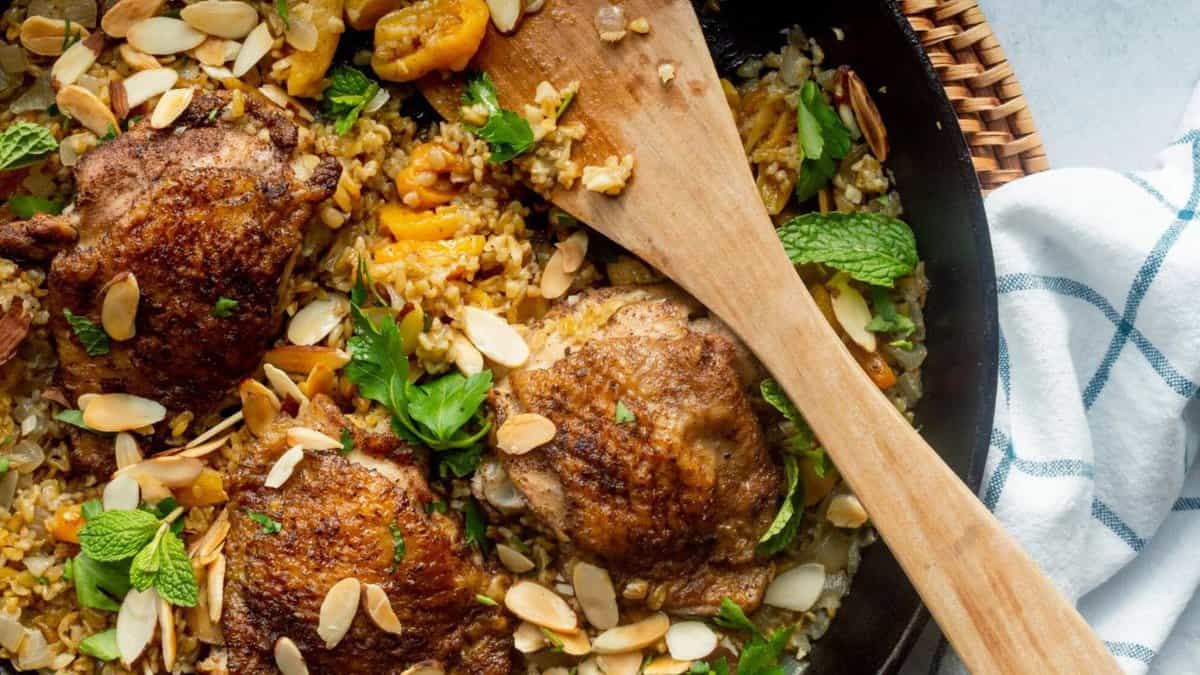 One-Pan Lebanese Freekeh with Chicken and Apricots.