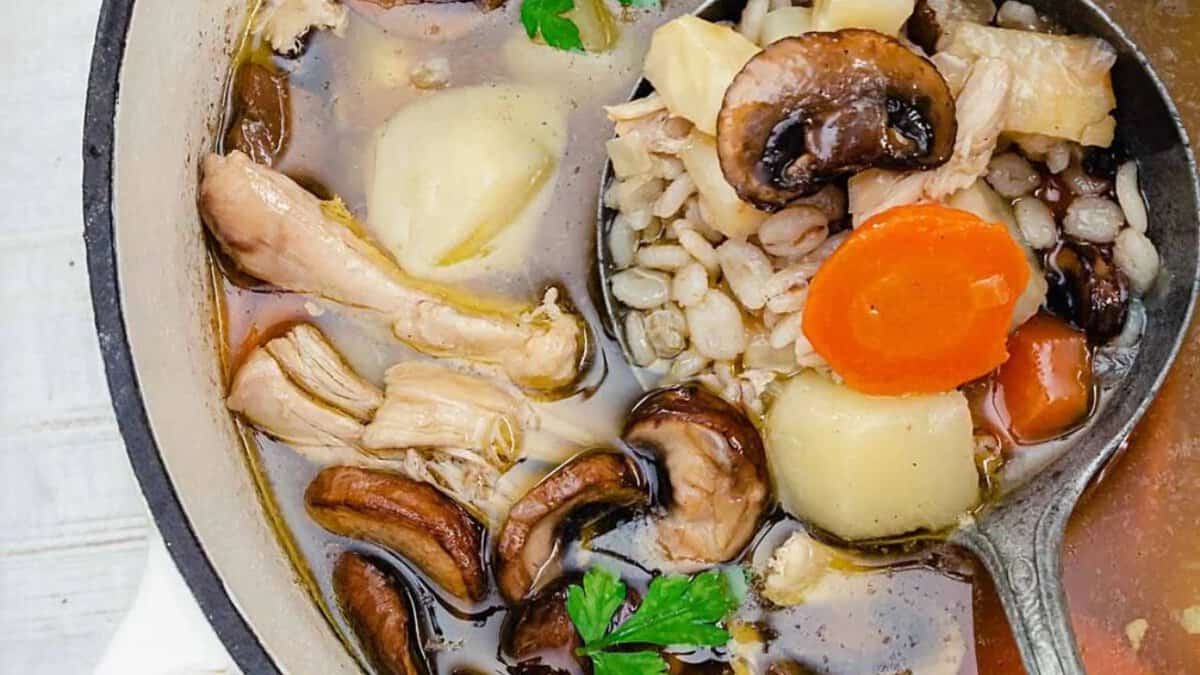 Polish Chicken Barley Soup with Mushrooms.