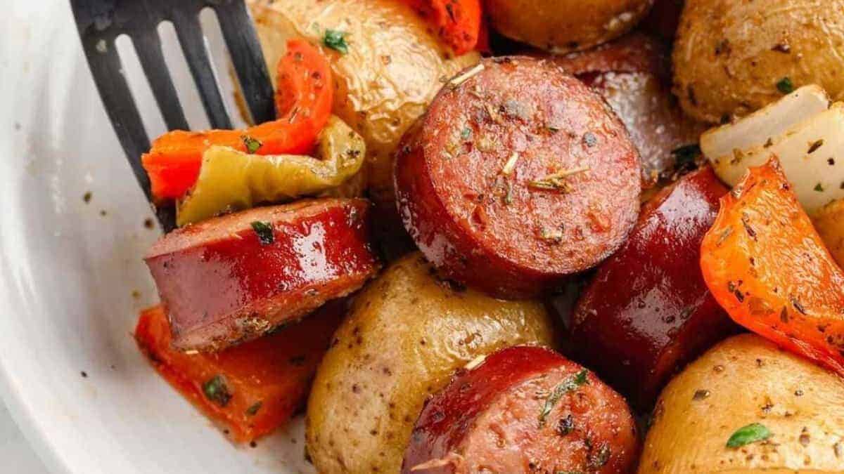 Sheet pan sausage and potatoes.