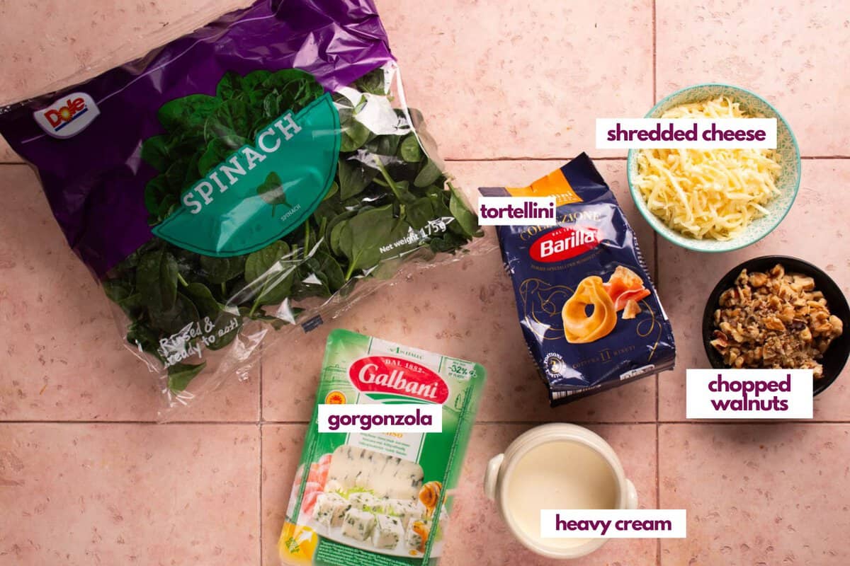 Ingredients needed to make a gorgonzola tortellini casserole.