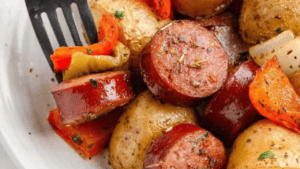 Sheet pan sausage and potatoes.