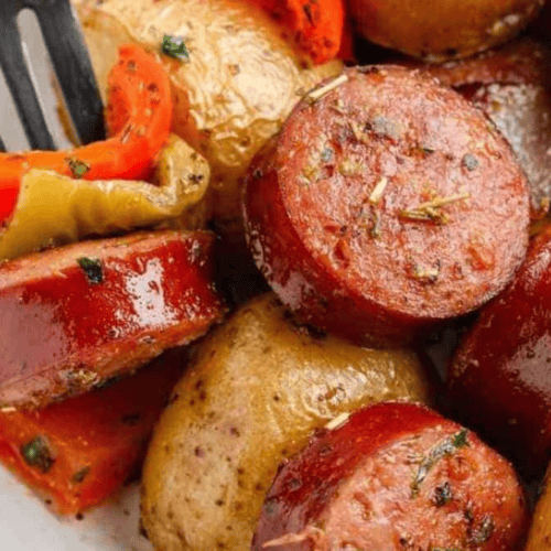 Sheet pan sausage and potatoes.