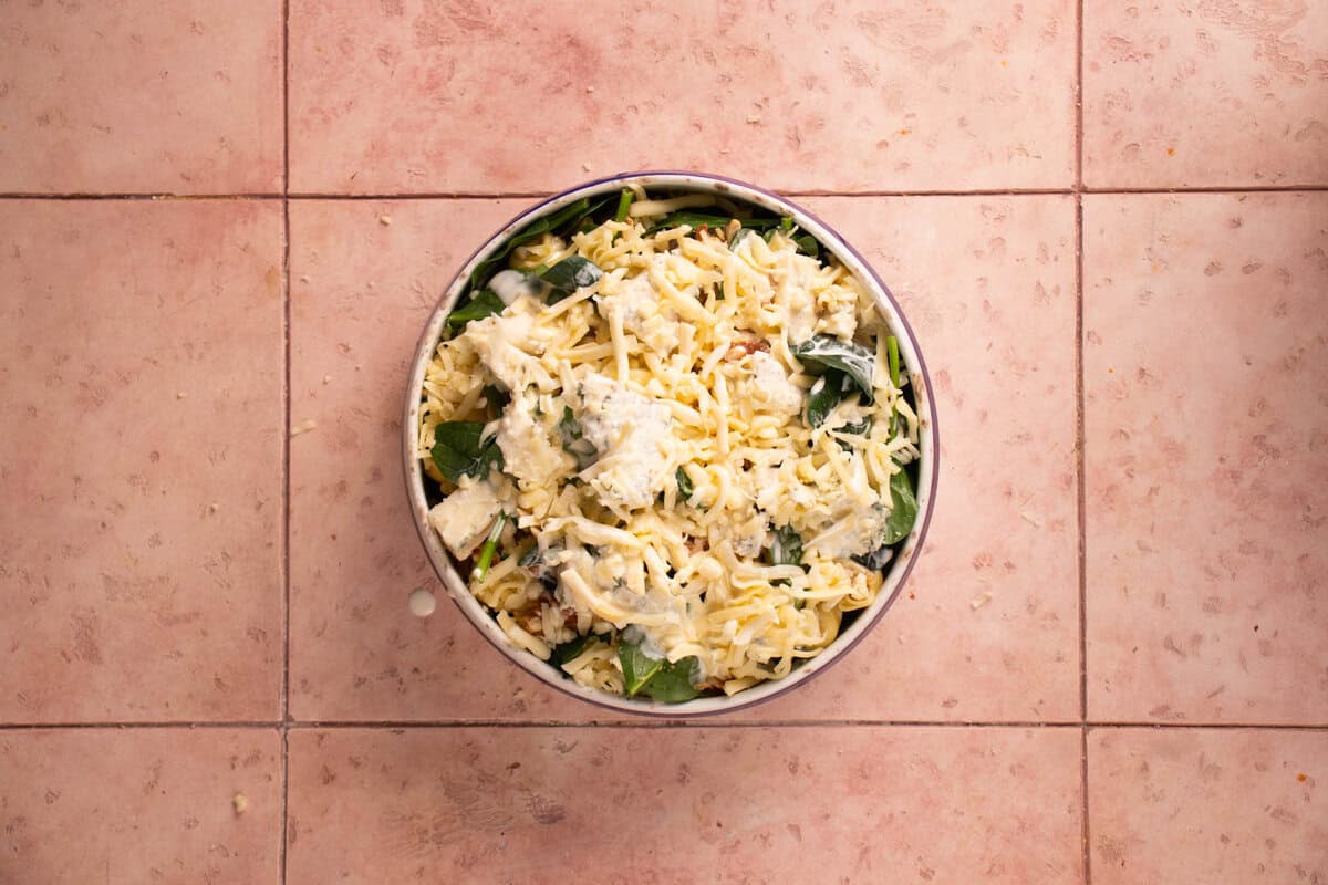 Gorgonzola tortellini casserole before baking.