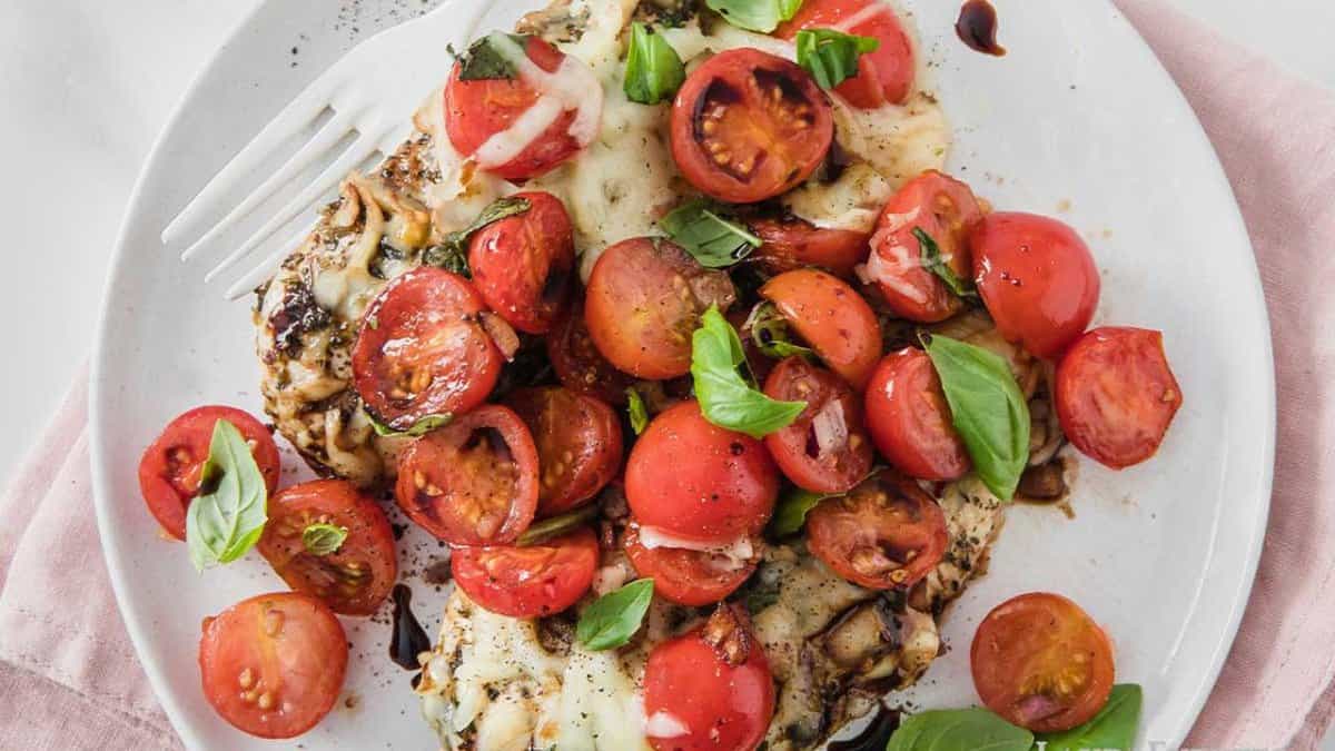 Baked Bruschetta Chicken with Balsamic Glaze.