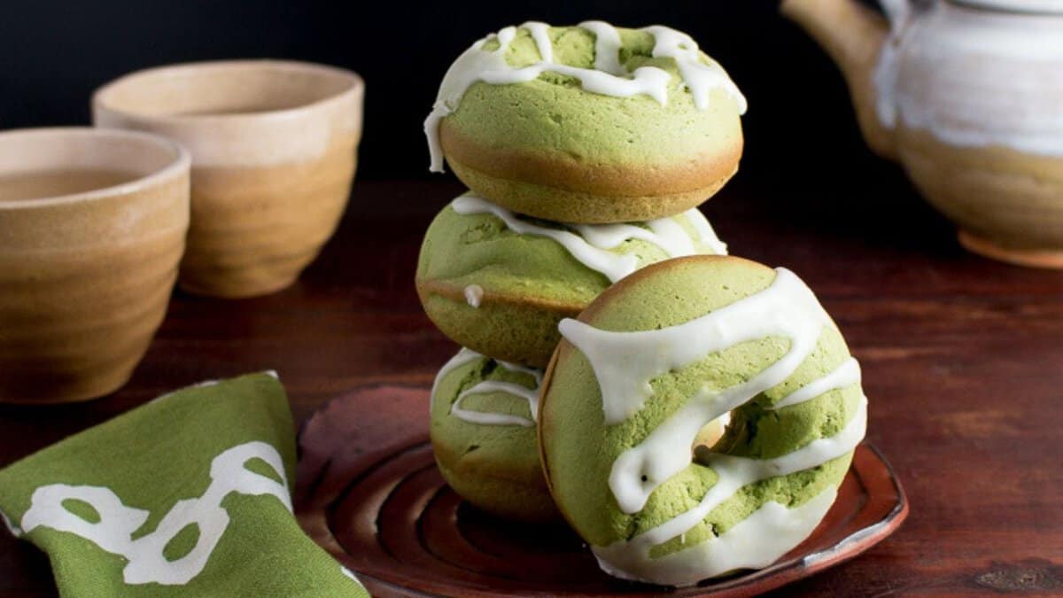 Baked Matcha Lemon Glazed Donuts.