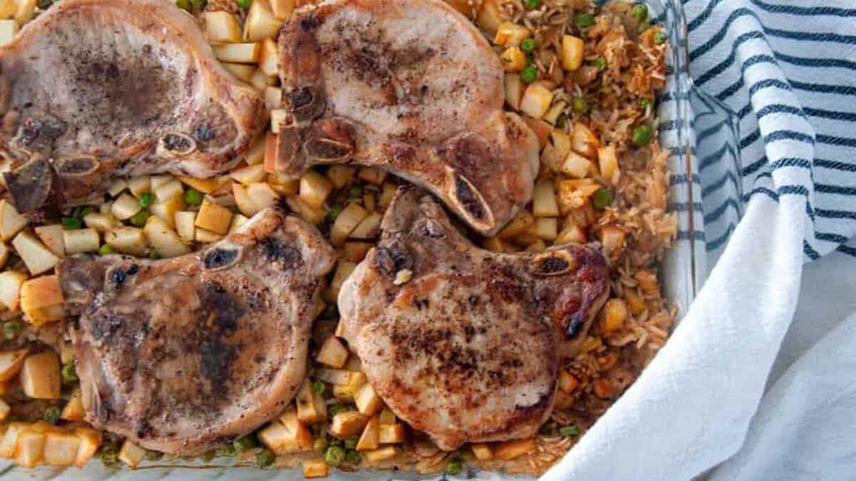 Baked Pork Chops and Rice with Apples.