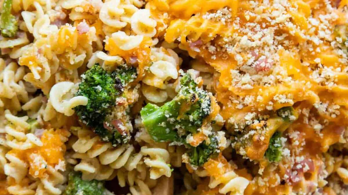 Broccoli Cheddar Ham Pasta Casserole.