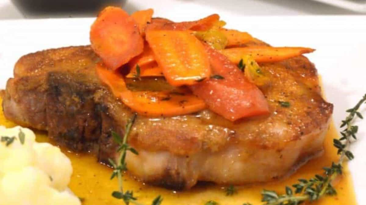 Cayenne Seared Pork Chops with Orange-Glazed Carrots.