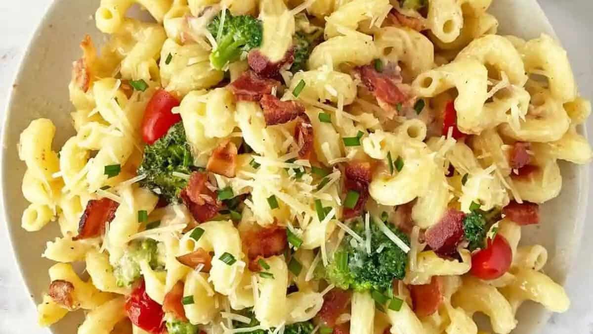 Cheesy Bacon Chicken Broccoli Pasta Bake.