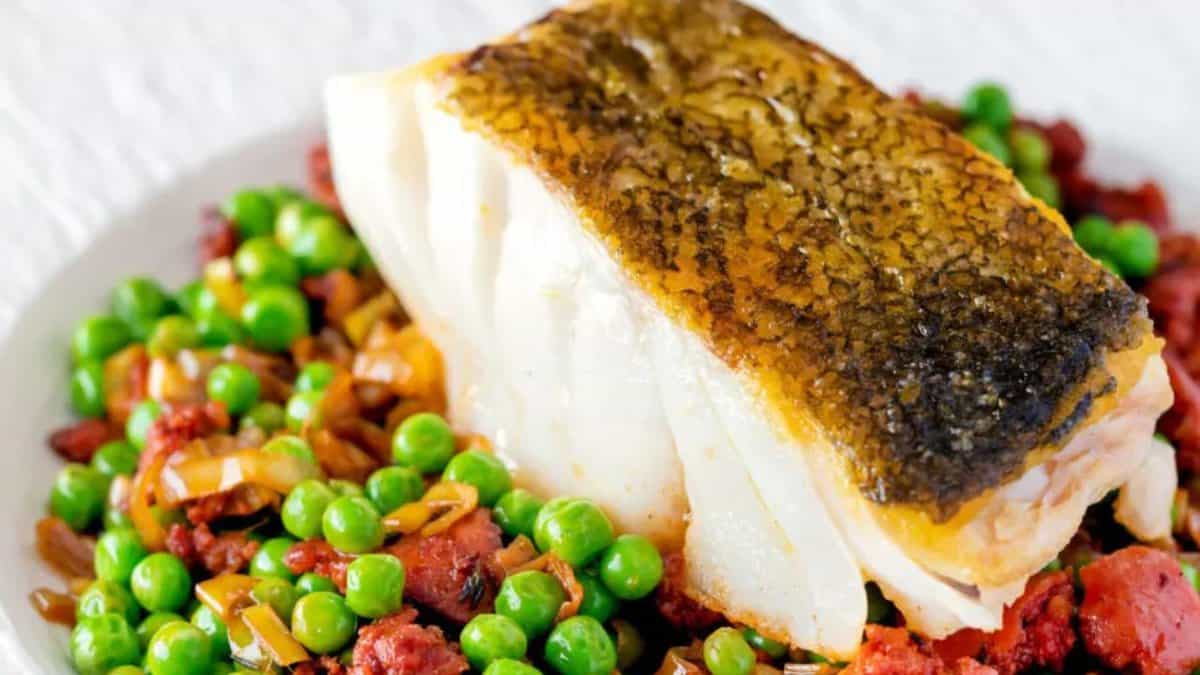 Pan Fried Cod with Chorizo, Peas and Leeks.