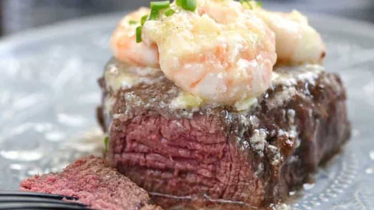 Shrimp Scampi topped Filet Mignon.