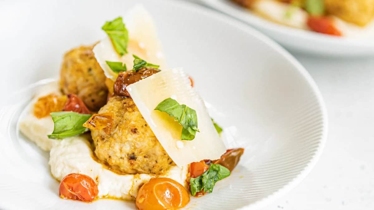 Turkey Meatballs and Roasted Tomatoes with Celery-Root Purée.