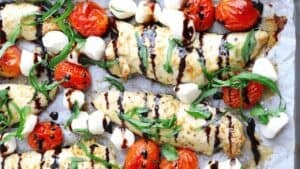 Sheet pan caprese chicken.