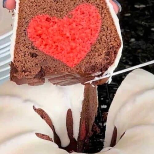 A slice of Valentine's day bundt cake.