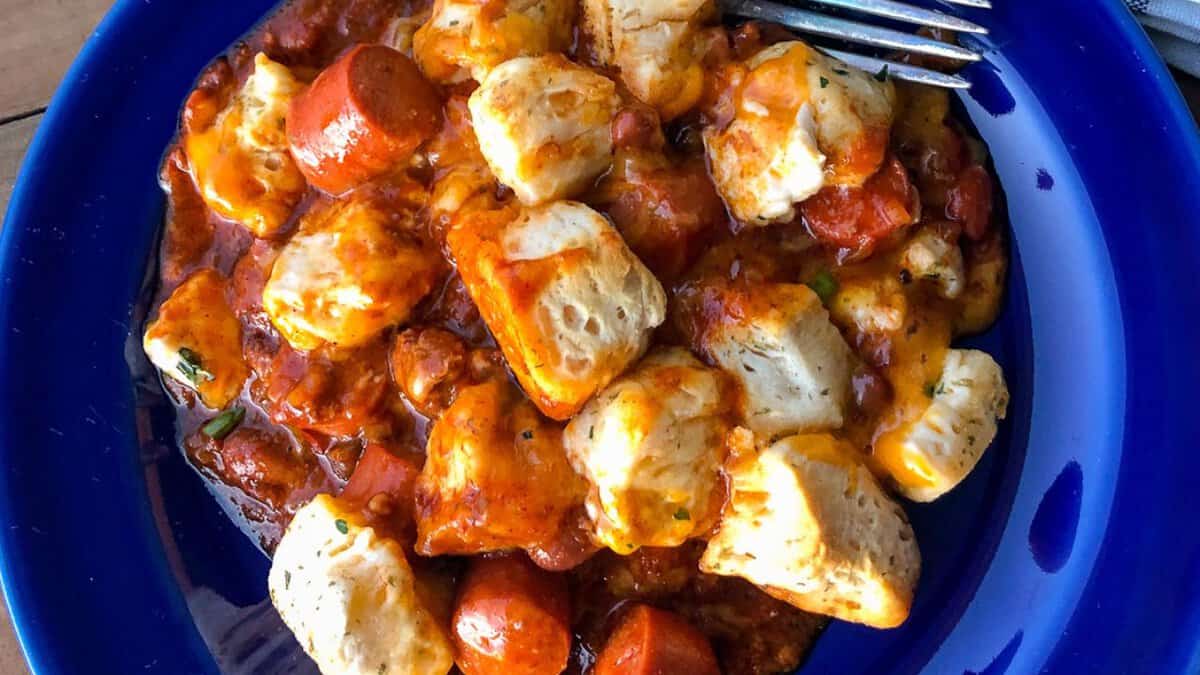 Chili Cheese Dog Skillet Bake.