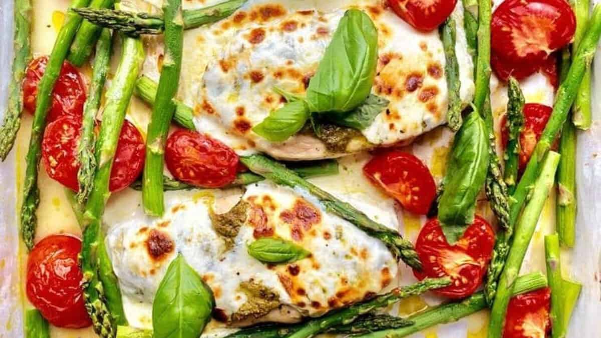 Mozzarella Pesto Chicken Sheet Pan Dinner.