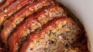 Slow cooker meatloaf sliced.