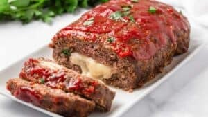 Mozzarella stuffed meatloaf.