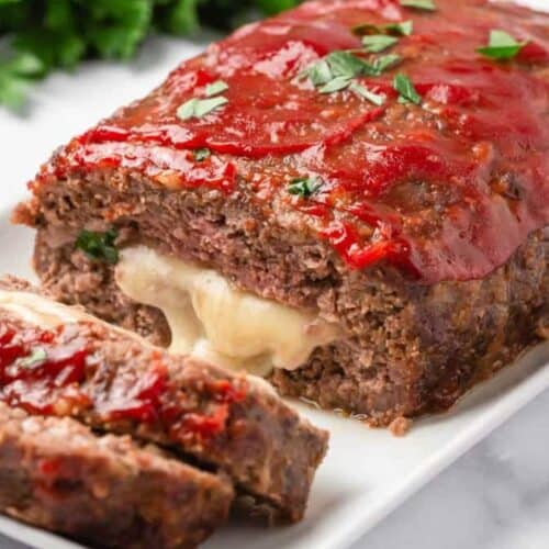 Mozzarella stuffed meatloaf.