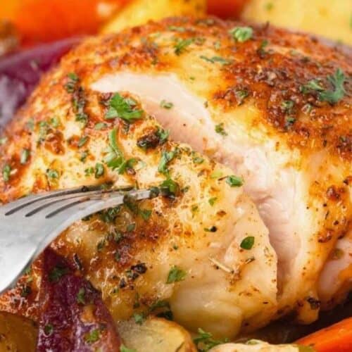 Chicken thigh tray bake.