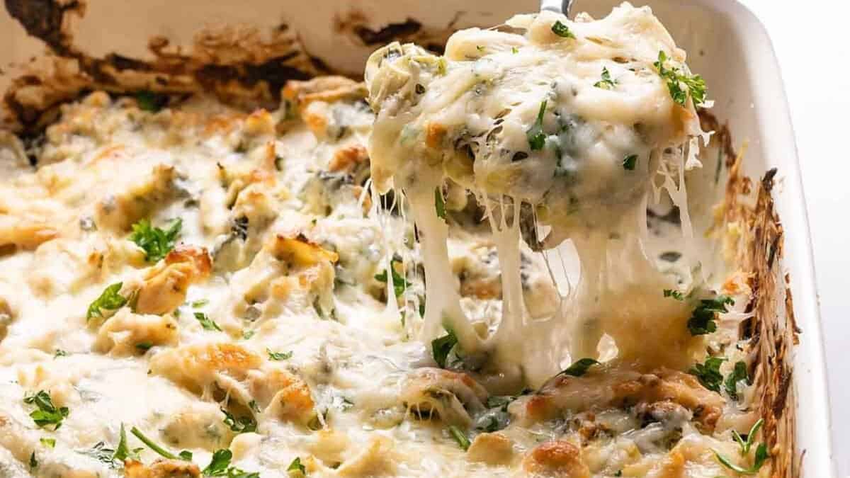 Creamy Spinach Artichoke Chicken Casserole.