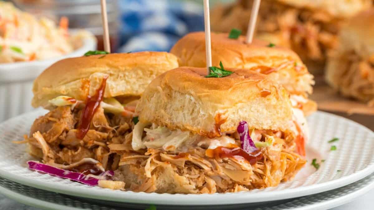 Slow Cooker BBQ Chicken Sliders.