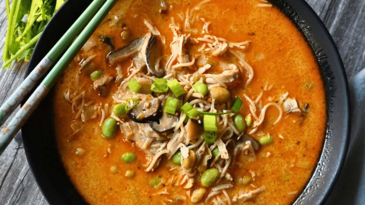 Slow Cooker Coconut Curry Ramen With Chicken.